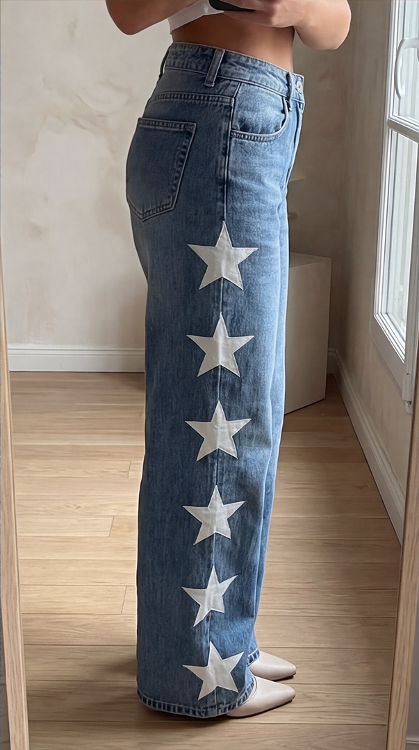 Jean Large À Motifs Étoiles - Bleu - Pantalon Skinny