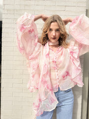 Blouse floral et volant rose