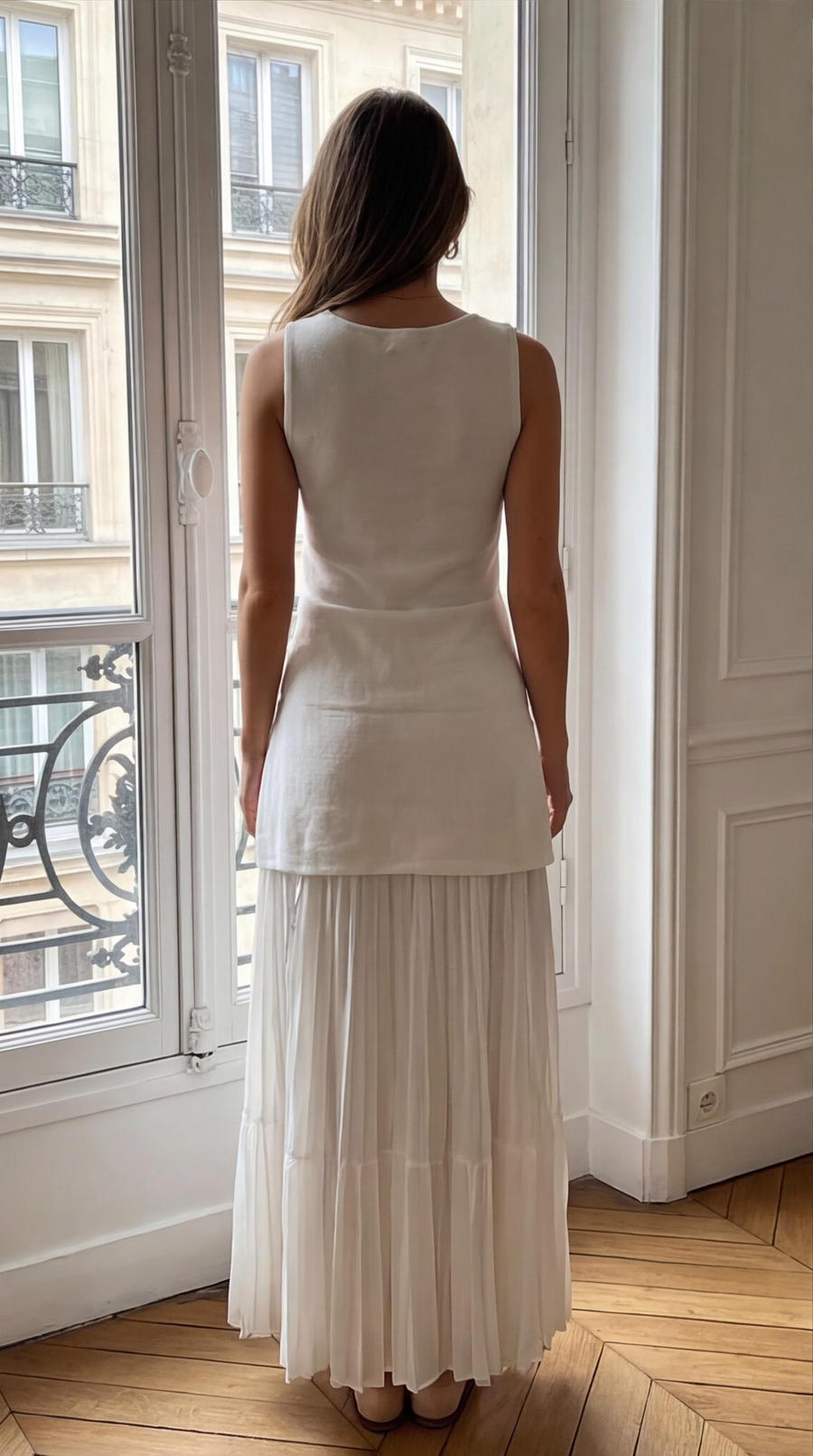 Robe longue sans manches jupe en plissé
