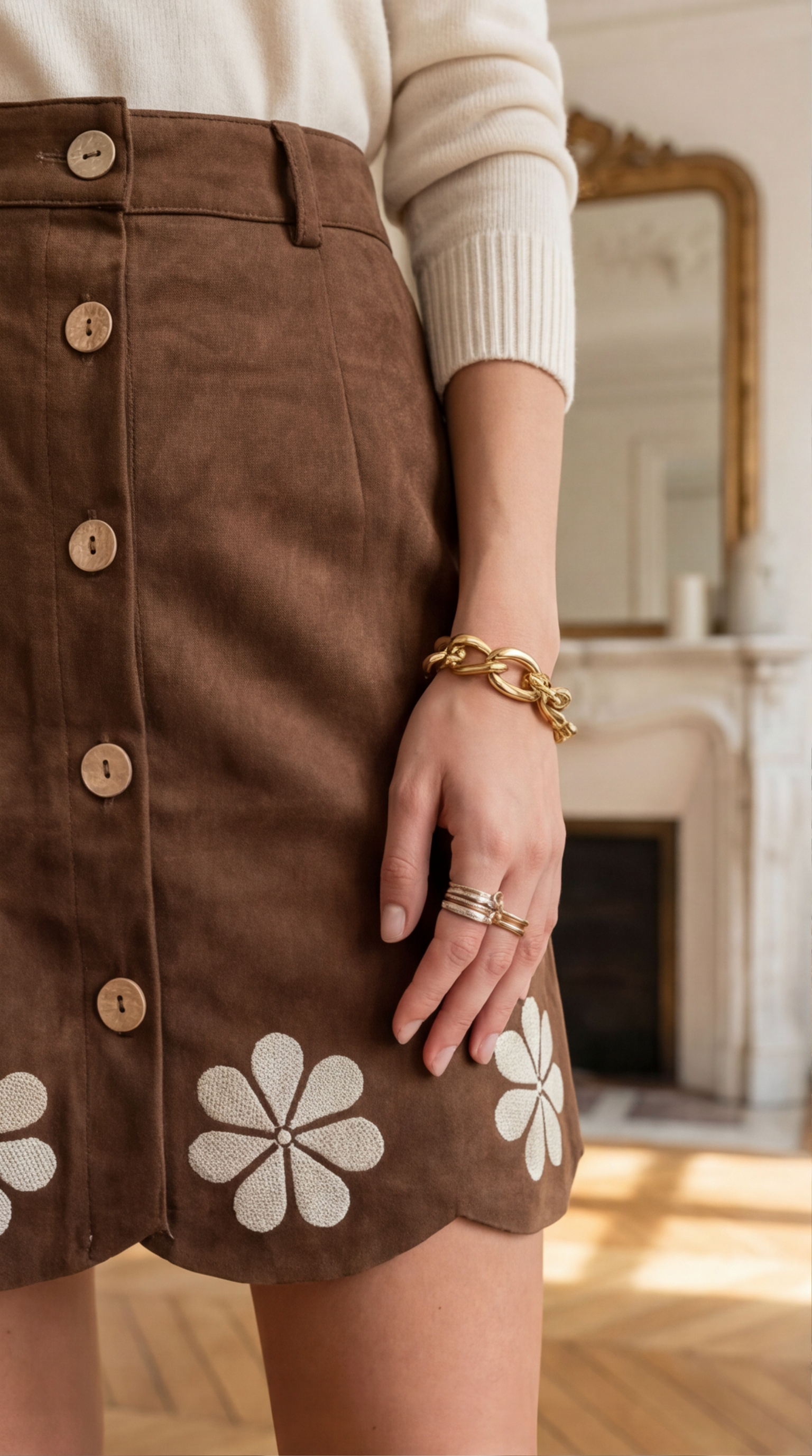 Jupe en suédine à broderie fleurs