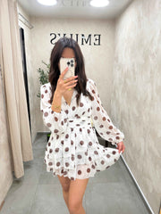 Robe fluide blanche à petit pois marron