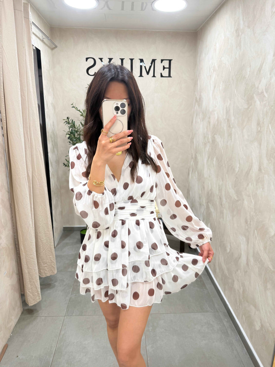 Robe fluide blanche à petit pois marron