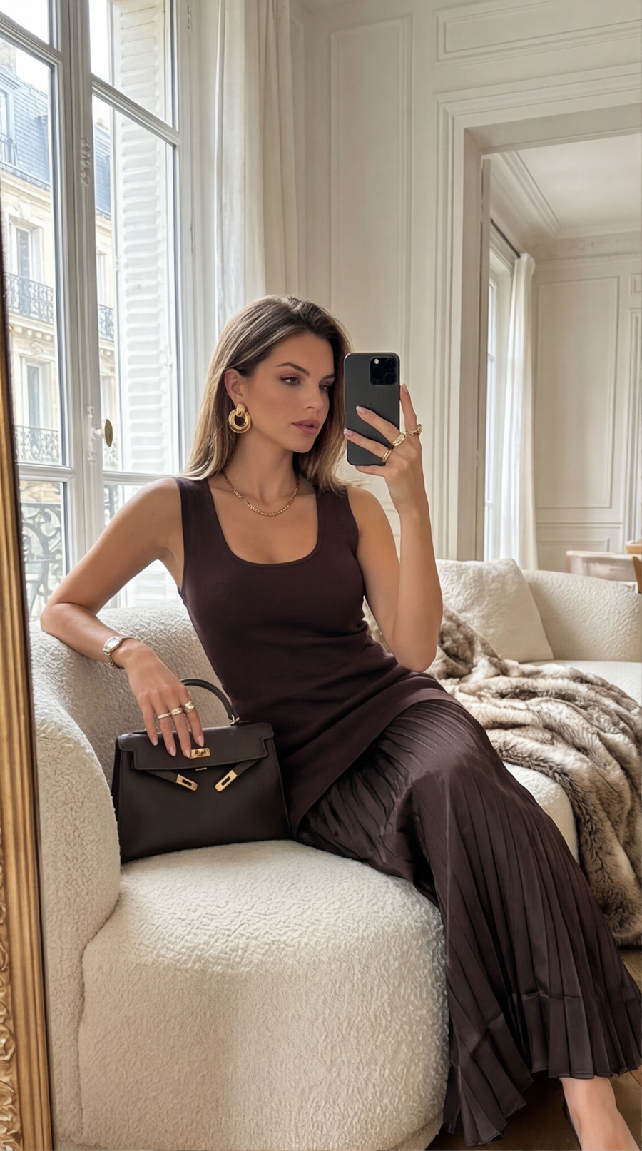 Robe longue sans manches jupe en plissé