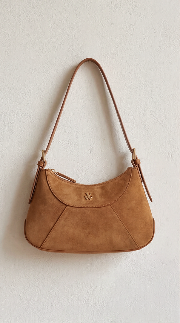 Sac Opéra - Sac Flora Camel en Suédine avec Fermeture Éclair Dorée