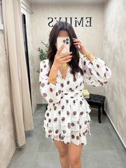 Robe fluide blanche à petit pois marron