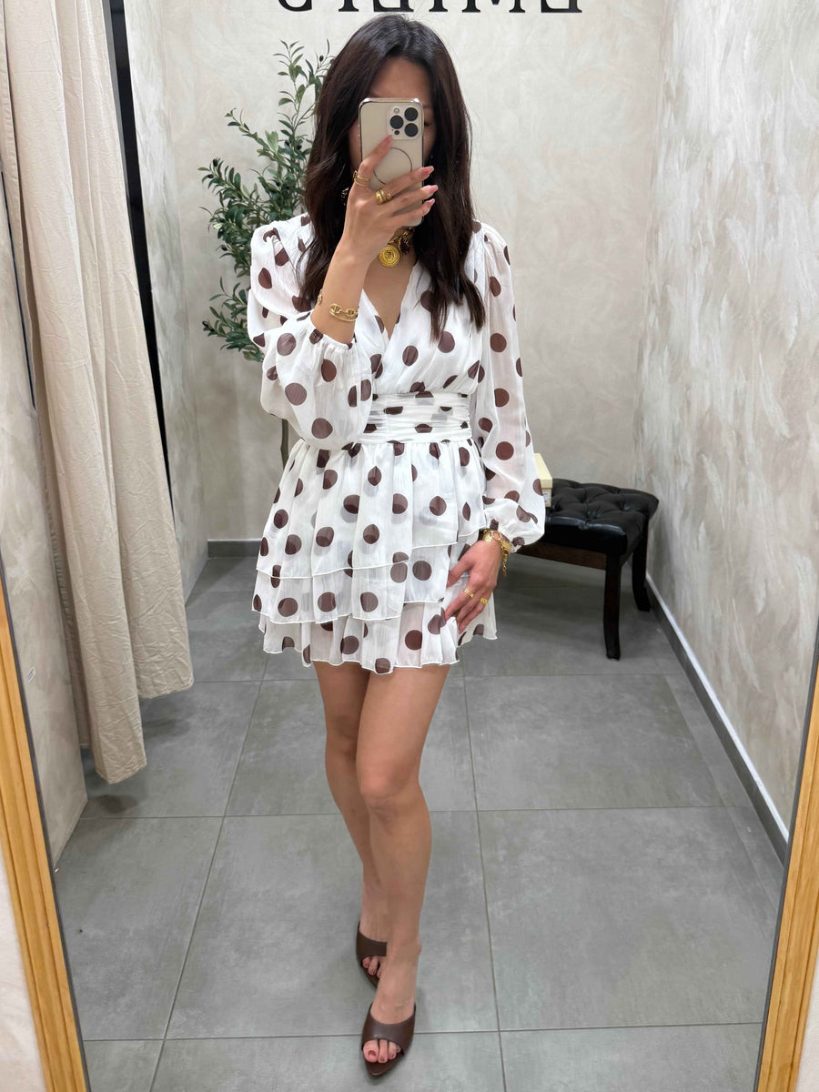 Robe fluide blanche à petit pois marron