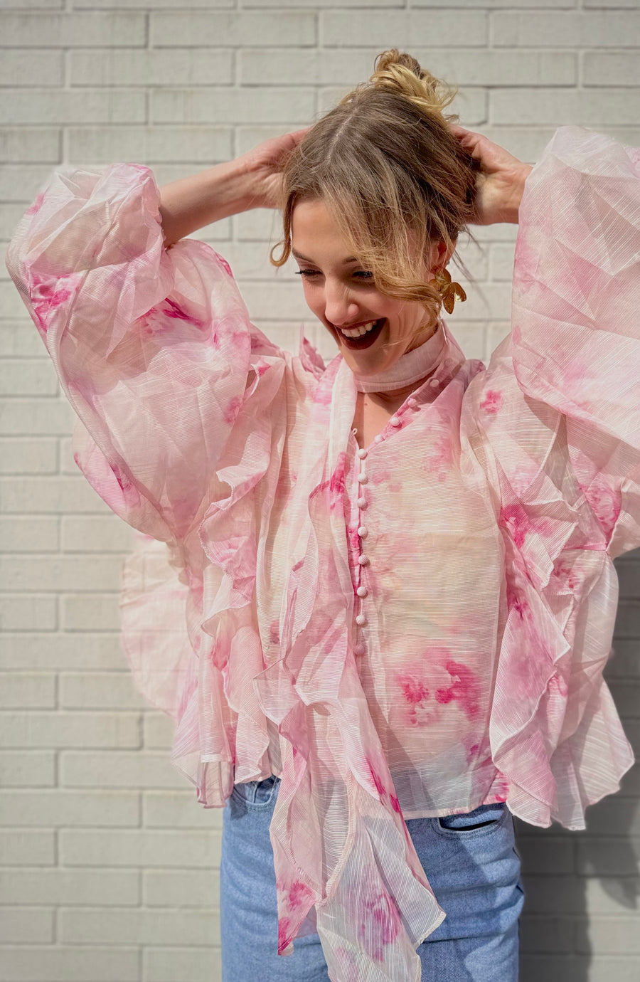 Blouse floral et volant rose