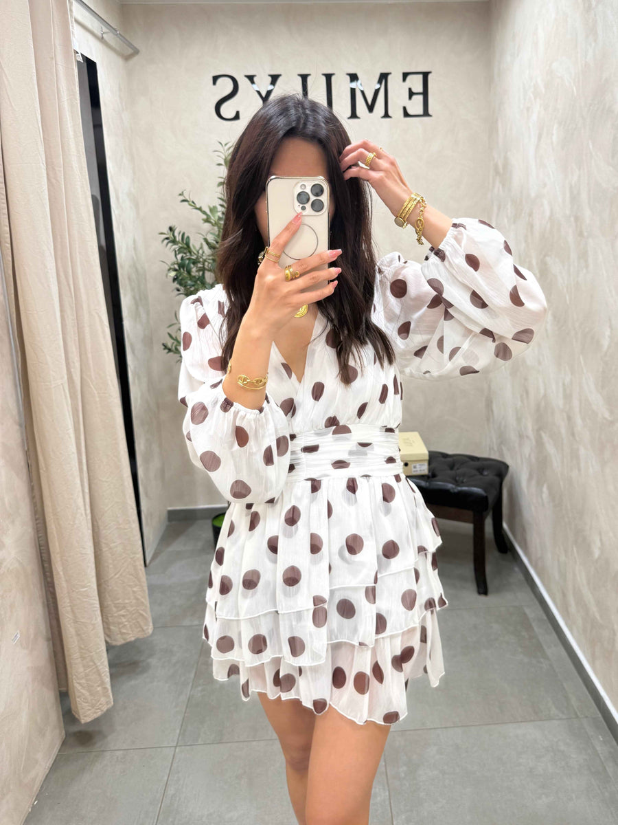 Robe fluide blanche à petit pois marron