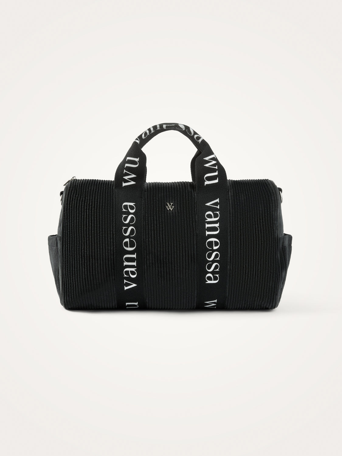 Sac week-end Vanessa Wu femme en velours côtelé noir avec bandoulière et anses monogrammées