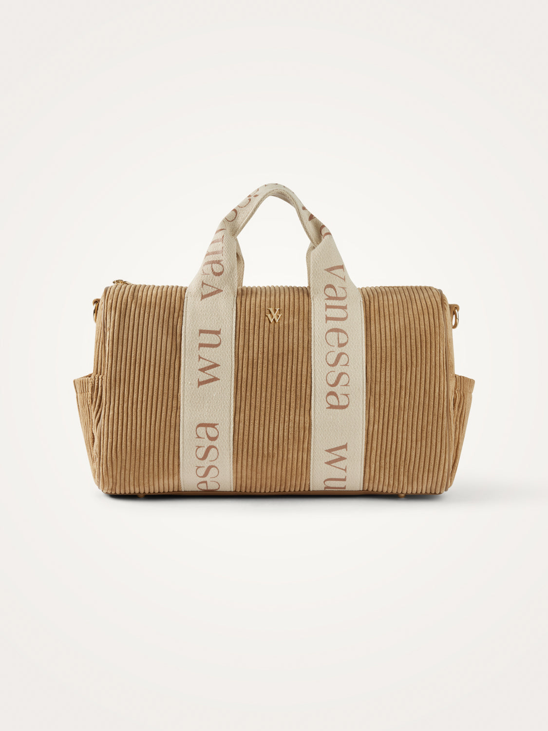 Sac de voyage Vanessa Wu femme en velours côtelé beige avec petites anses beiges monogrammées 