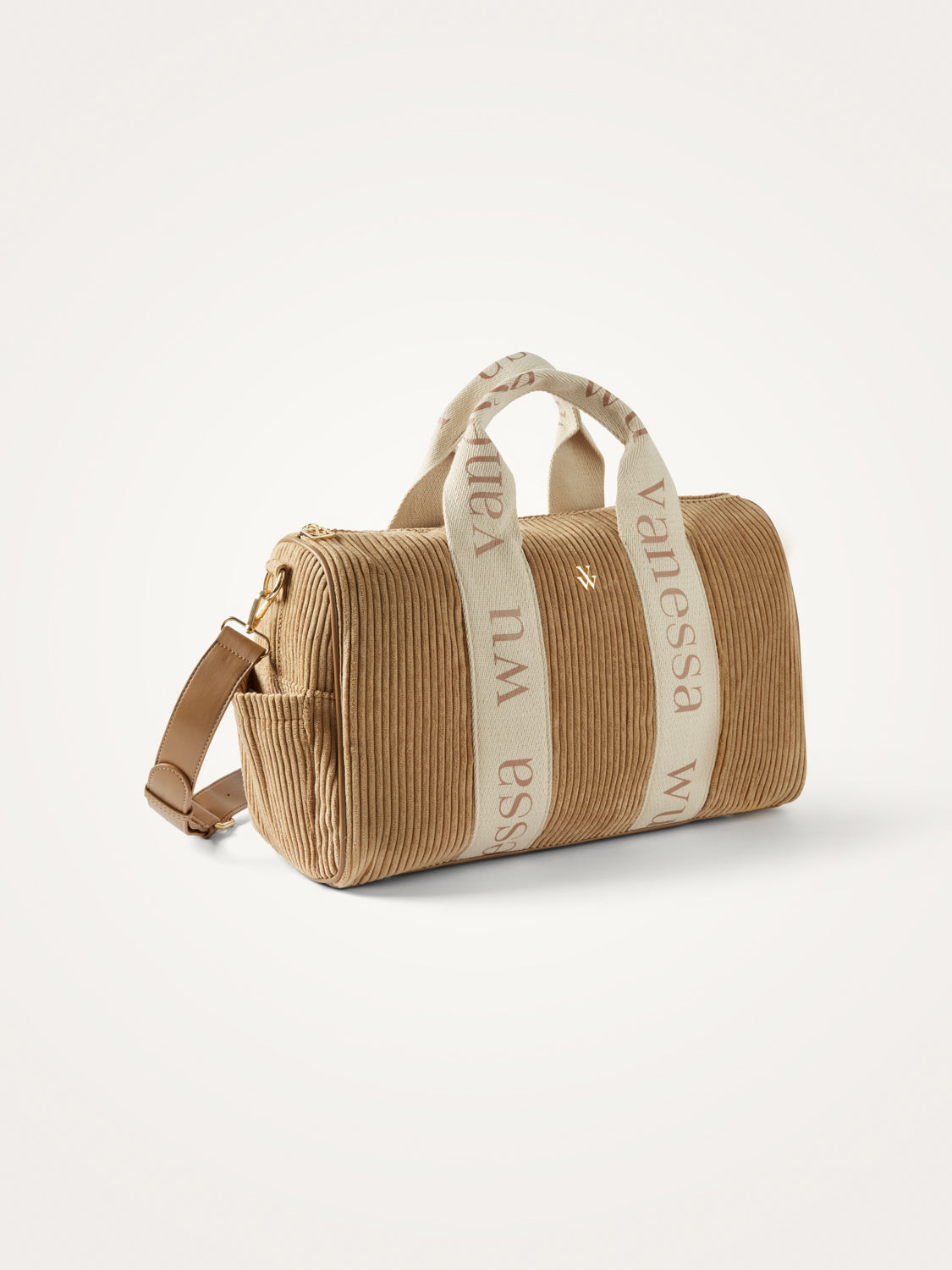 Sac de voyage Vanessa Wu femme en velours côtelé beige avec petites anses beiges monogrammées 
