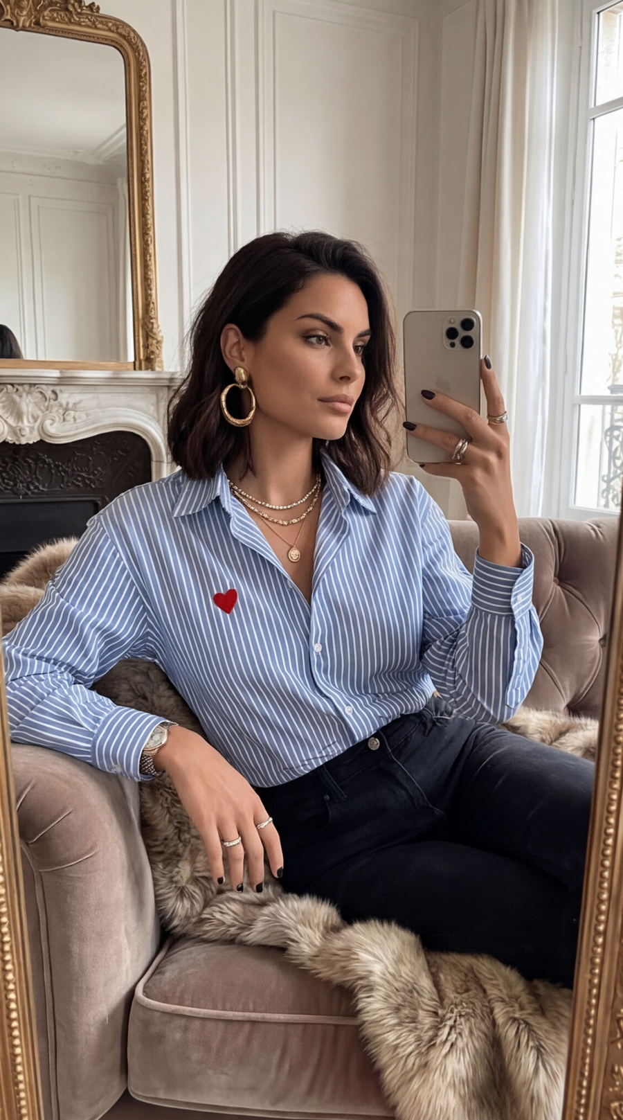 Chemise rayée avec broderie en forme de cœur