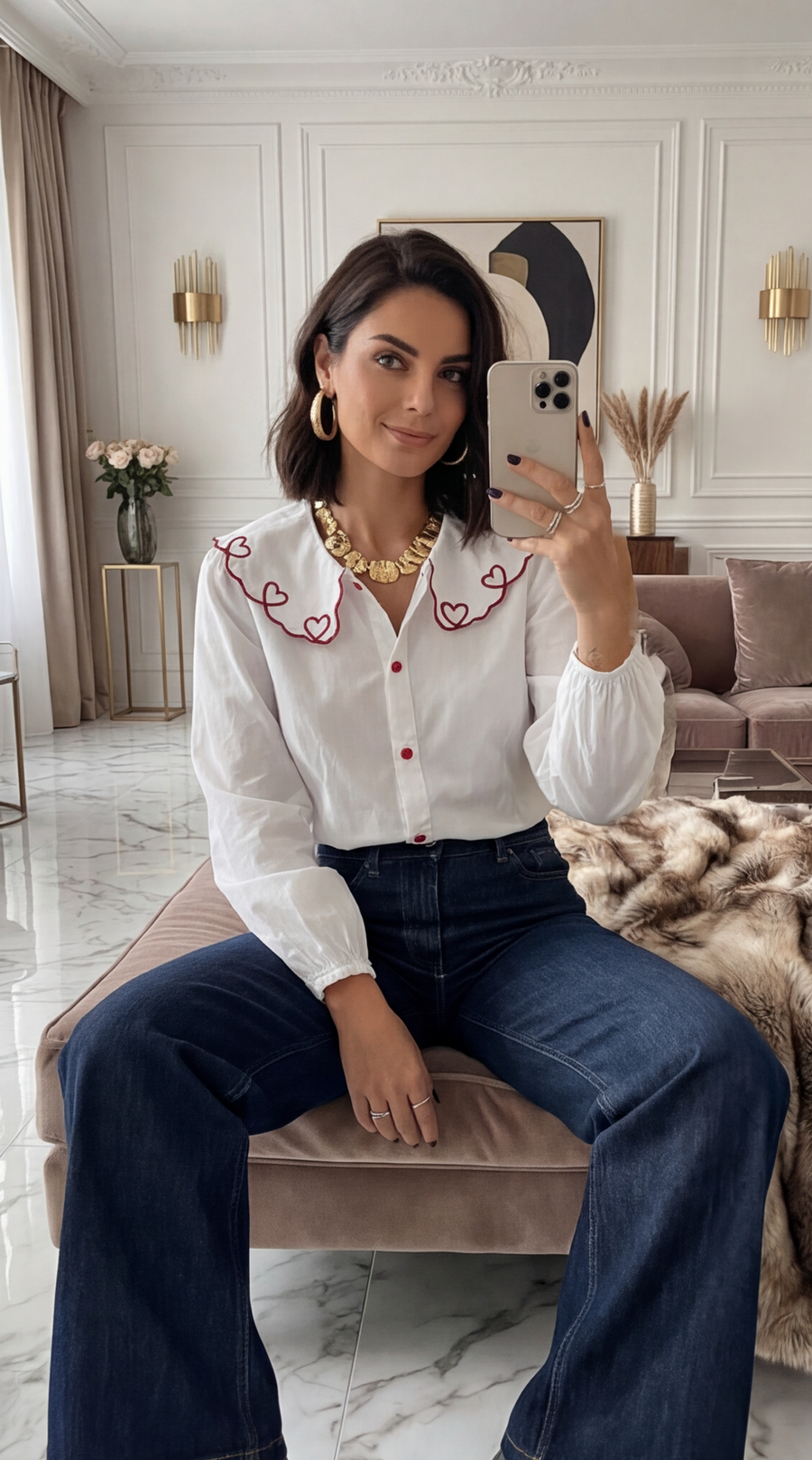 Chemise blanche col bateau avec des cœurs rouges