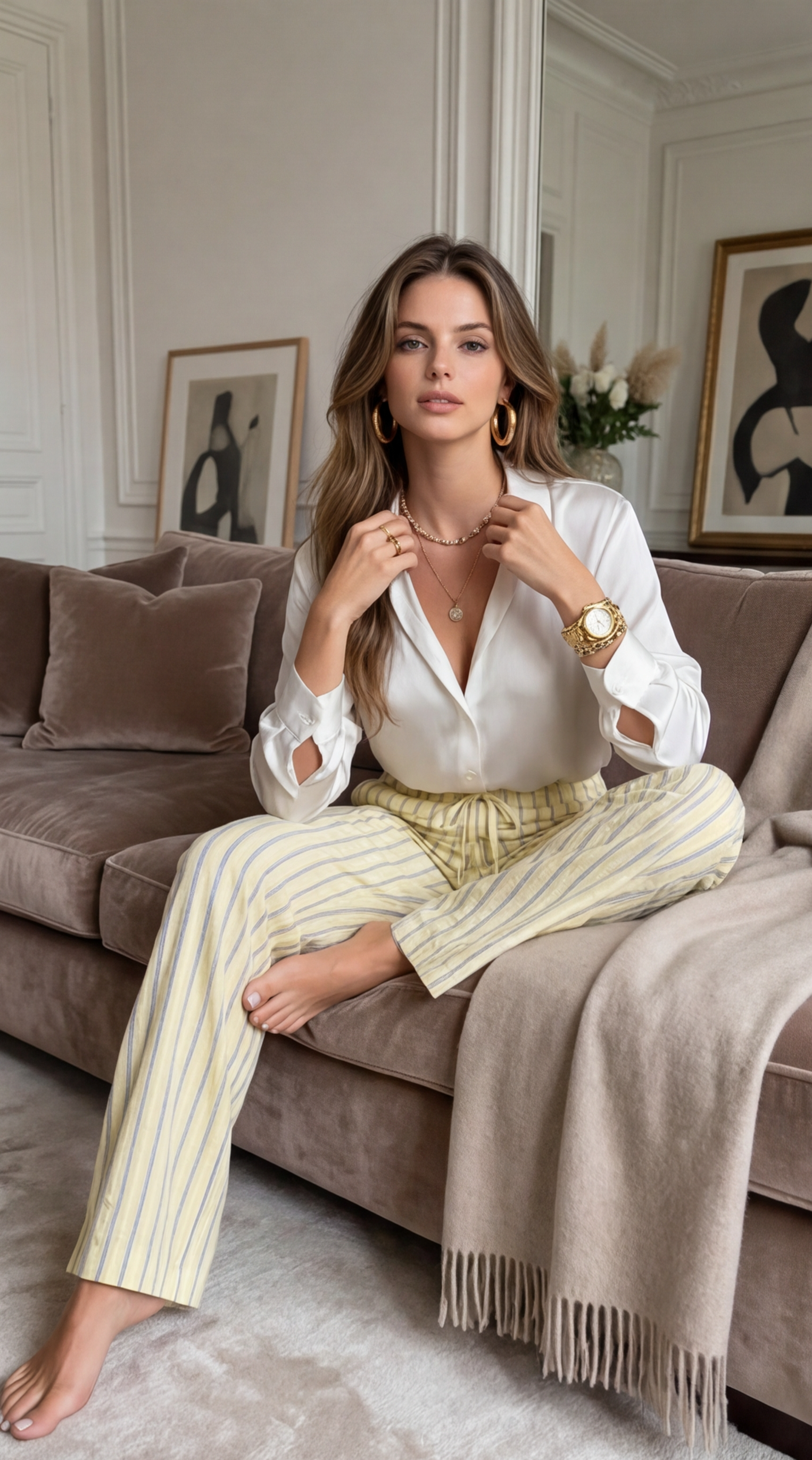 Pantalon fluide jaune rayé