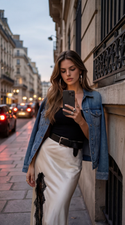 Jupe longue satinée à dentelle noir