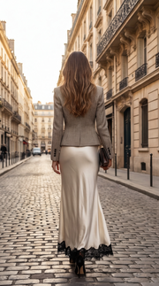 Jupe longue satinée à dentelle noir